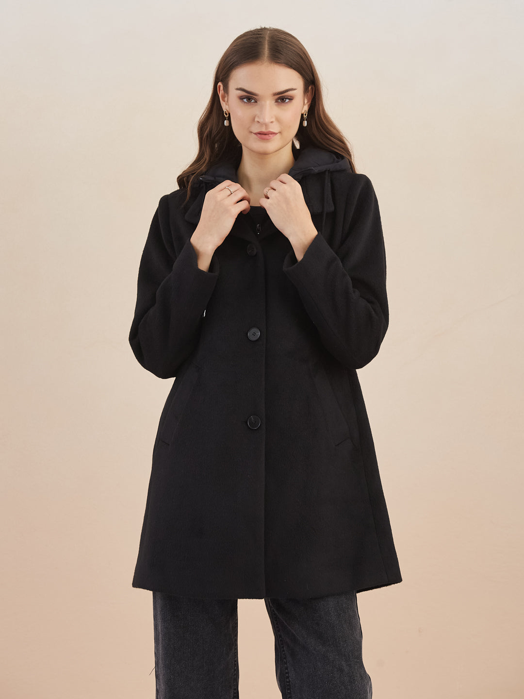 Latin Quarters Women Black Solid Hooded Full Sleeve Casual A-Line Coat