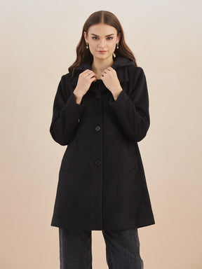 Latin Quarters Women Black Solid Hooded Full Sleeve Casual A-Line Coat