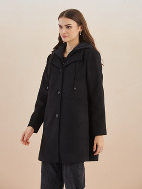 Latin Quarters Women Black Solid Hooded Full Sleeve Casual A-Line Coat