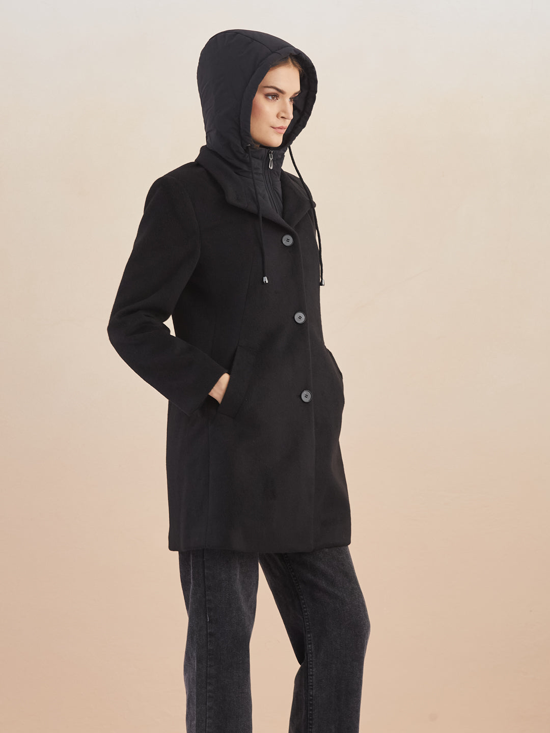 Latin Quarters Women Black Solid Hooded Full Sleeve Casual A-Line Coat