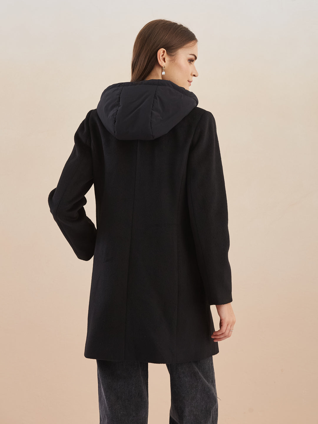Latin Quarters Women Black Solid Hooded Full Sleeve Casual A-Line Coat