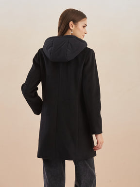 Latin Quarters Women Black Solid Hooded Full Sleeve Casual A-Line Coat