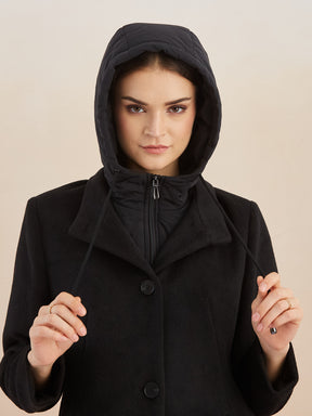 Latin Quarters Women Black Solid Hooded Full Sleeve Casual A-Line Coat