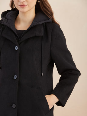 Latin Quarters Women Black Solid Hooded Full Sleeve Casual A-Line Coat