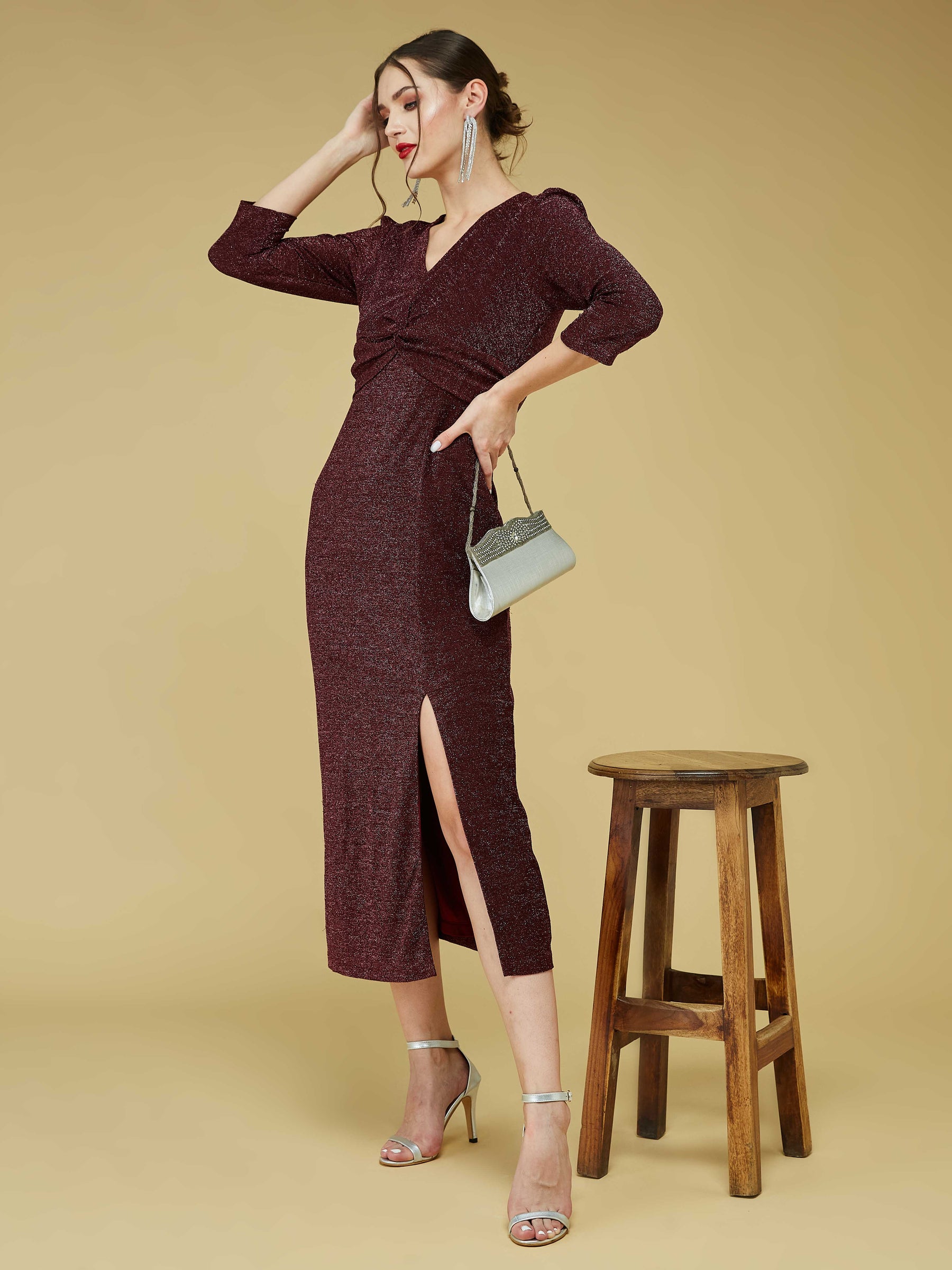 Maroon Full Sleeve V-Neck Solid Dress