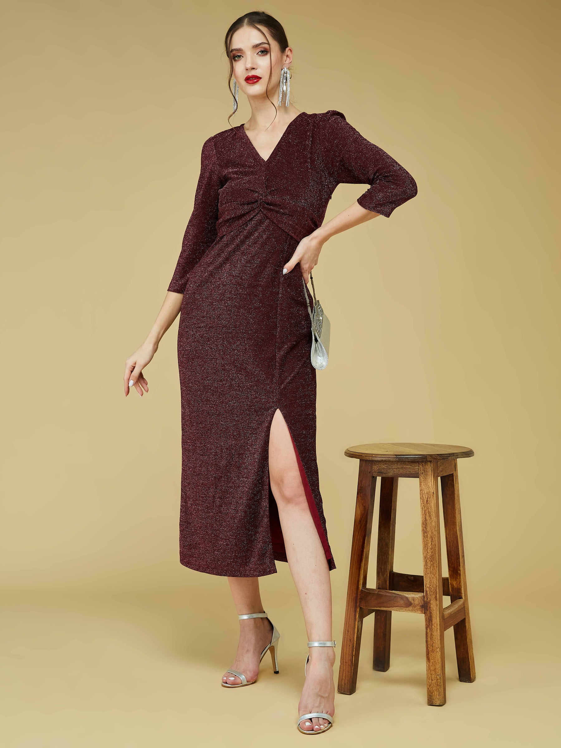 Maroon Full Sleeve V-Neck Solid Dress