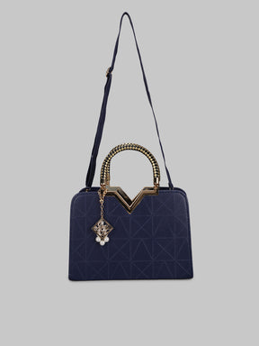 Blue Geometric Embossed Square Bag With Bag Charm