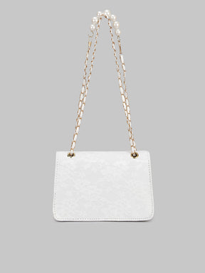 White Floral Lace Hand Bag with Pearl Chain