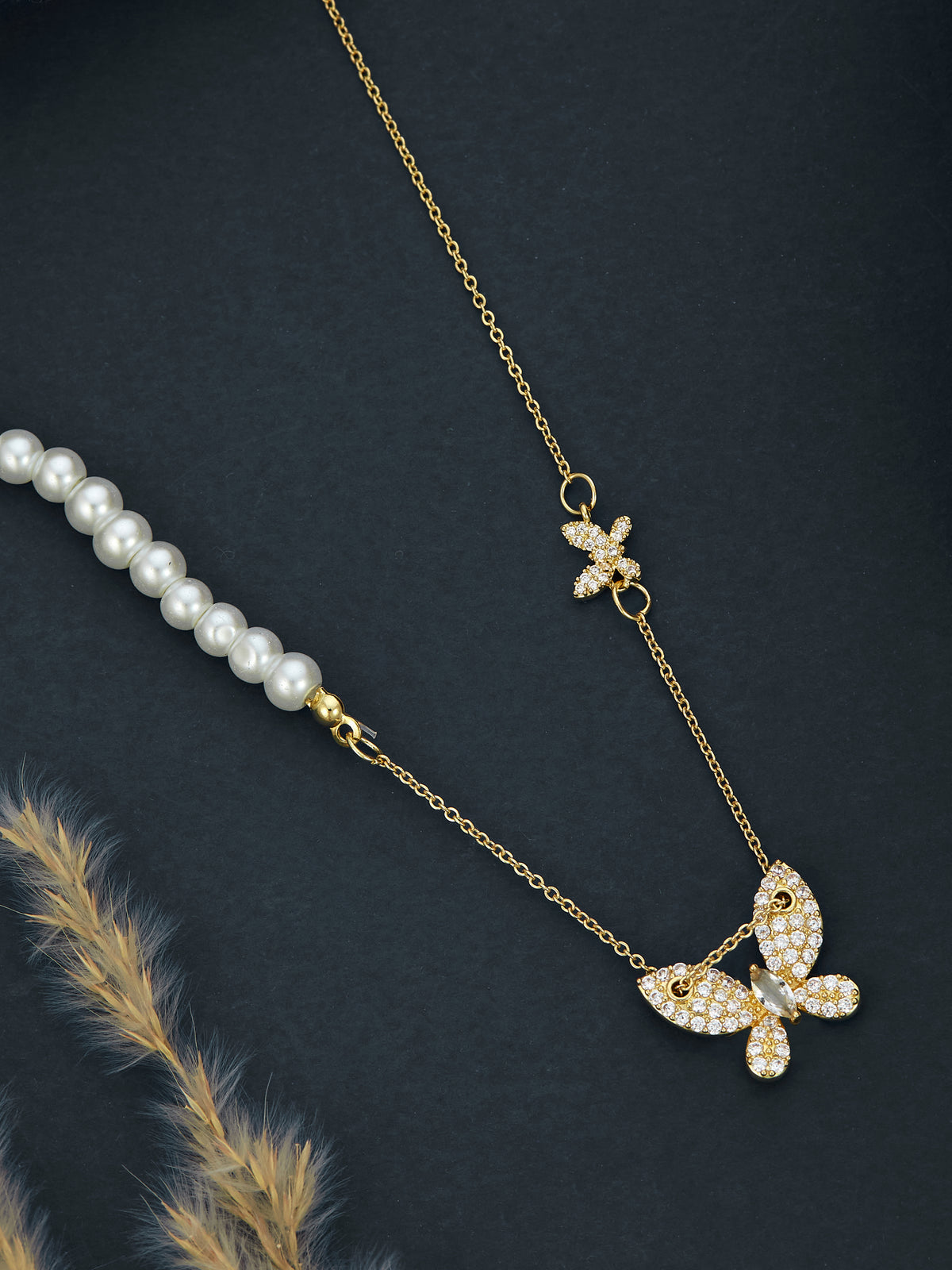 Gold Plated Chain with Pearl and Butterfly Pendant for women & girls