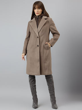 Latin Quarters Women Brown Solid Hooded Full Sleeve Casual Straight Coat
