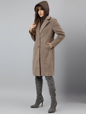Latin Quarters Women Brown Solid Hooded Full Sleeve Casual Straight Coat