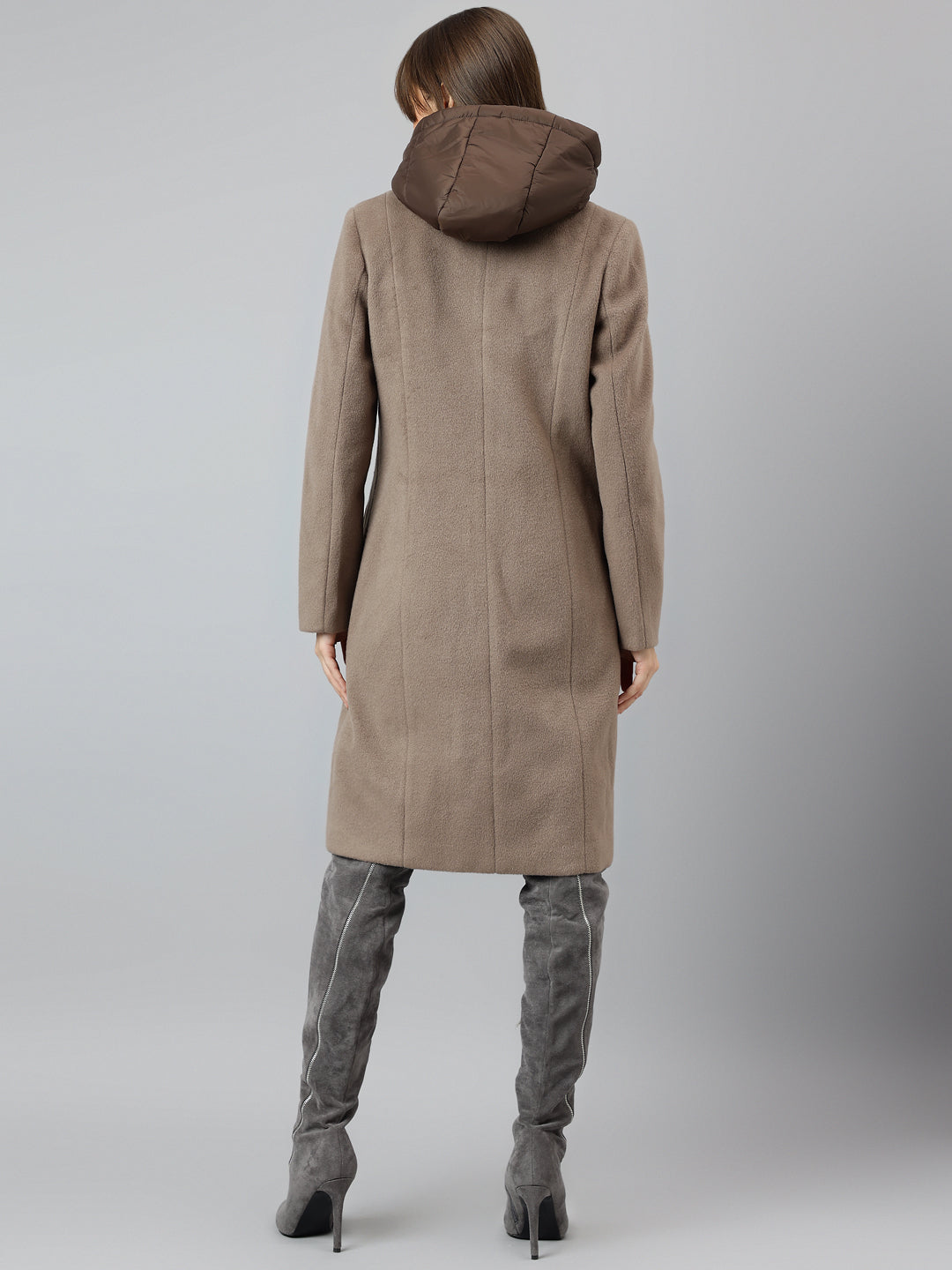 Latin Quarters Women Brown Solid Hooded Full Sleeve Casual Straight Coat