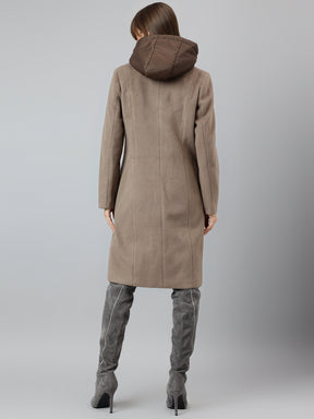 Latin Quarters Women Brown Solid Hooded Full Sleeve Casual Straight Coat