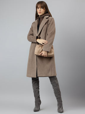 Latin Quarters Women Brown Solid Hooded Full Sleeve Casual Straight Coat