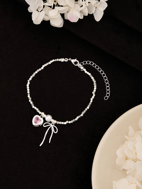 Latin Quarters Women's Silver Beaded Bracelet with Pink Heart and Bow Charms