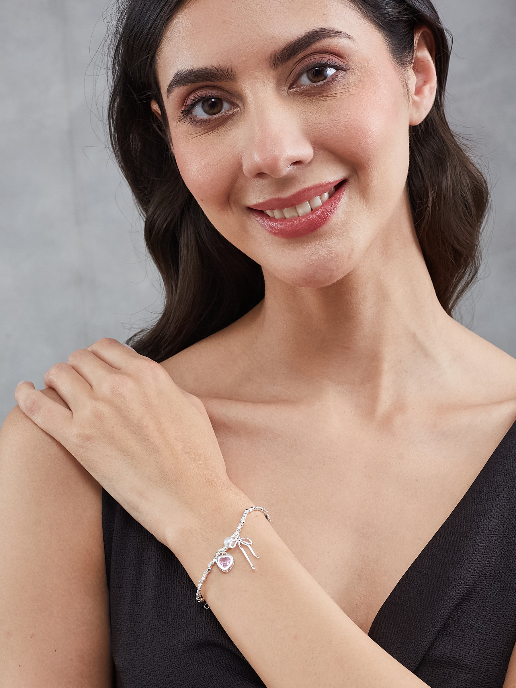 Latin Quarters Women's Silver Beaded Bracelet with Pink Heart and Bow Charms