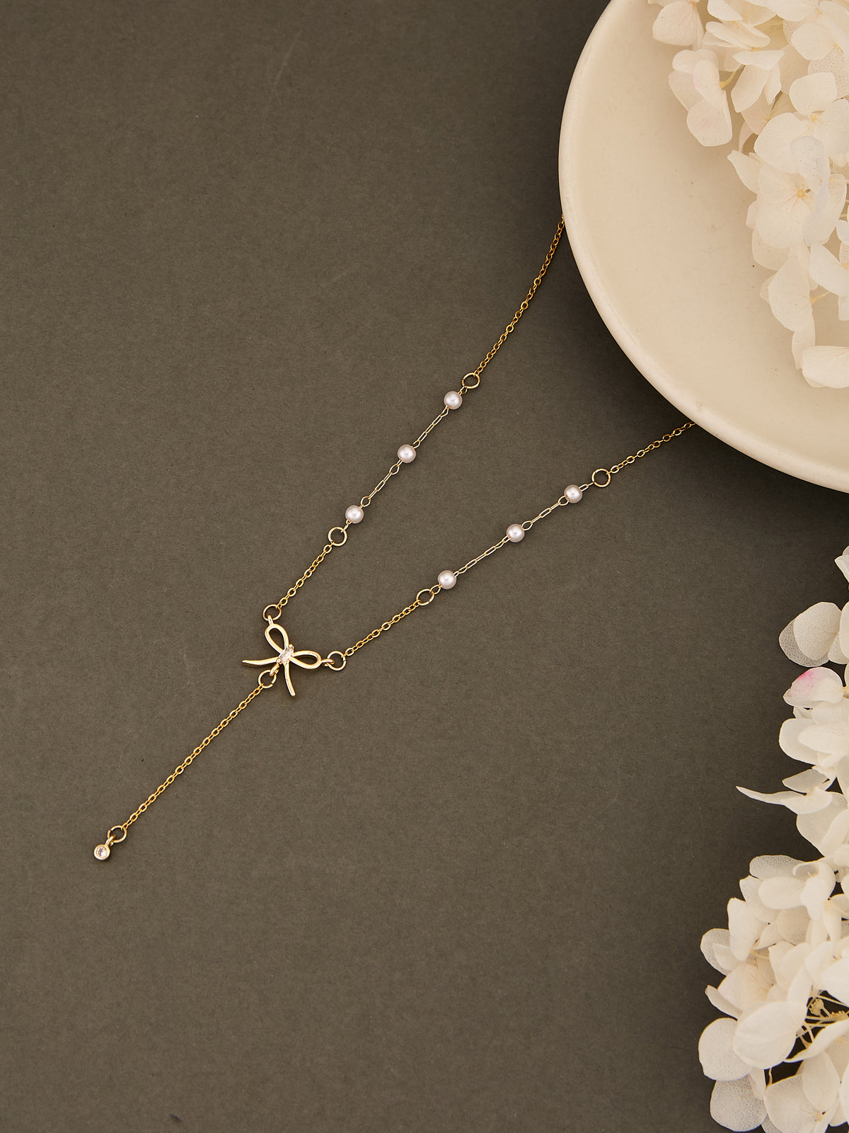 Latin Quarters Women's Gold Toned Bow Lariat Pearls Necklace