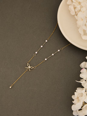 Latin Quarters Women's Gold Toned Bow Lariat Pearls Necklace