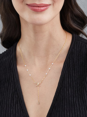 Latin Quarters Women's Gold Toned Bow Lariat Pearls Necklace
