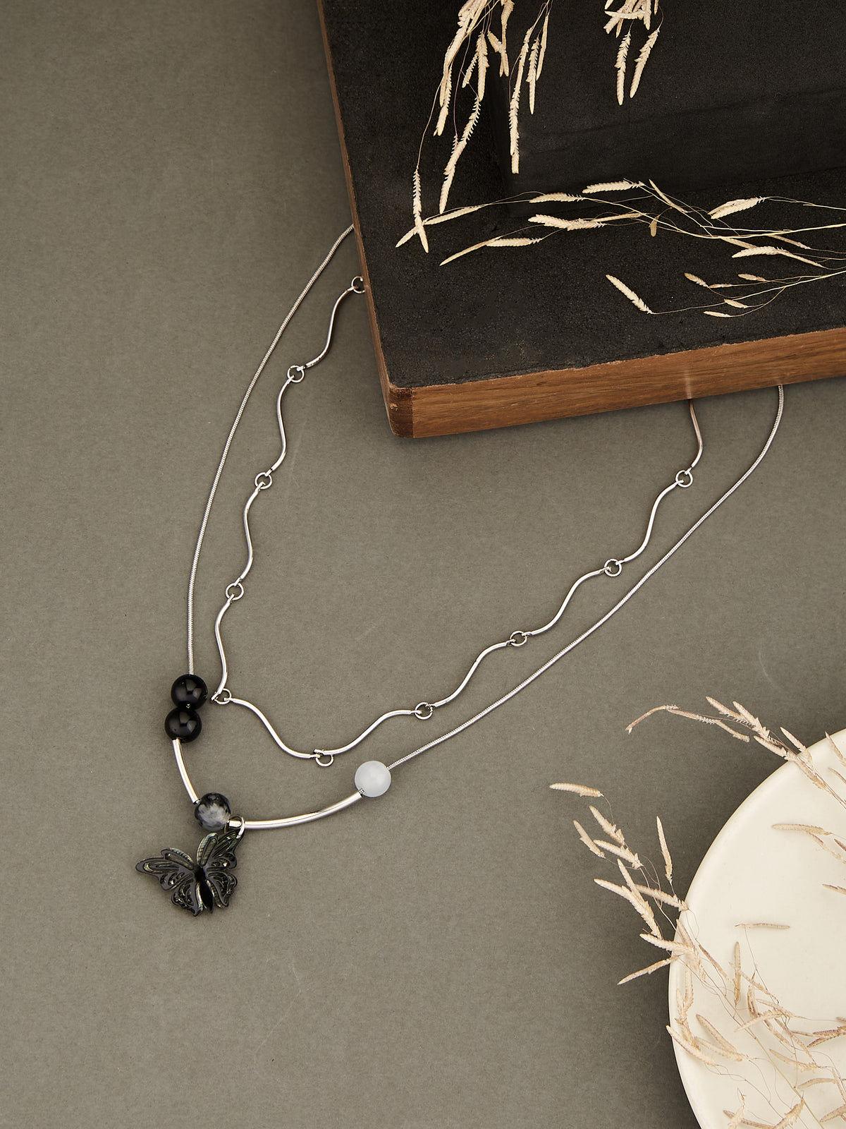 Latin Quarters Women's Layered Silver-Toned Wavy Choker Necklace with Butterfly and Stone Beads