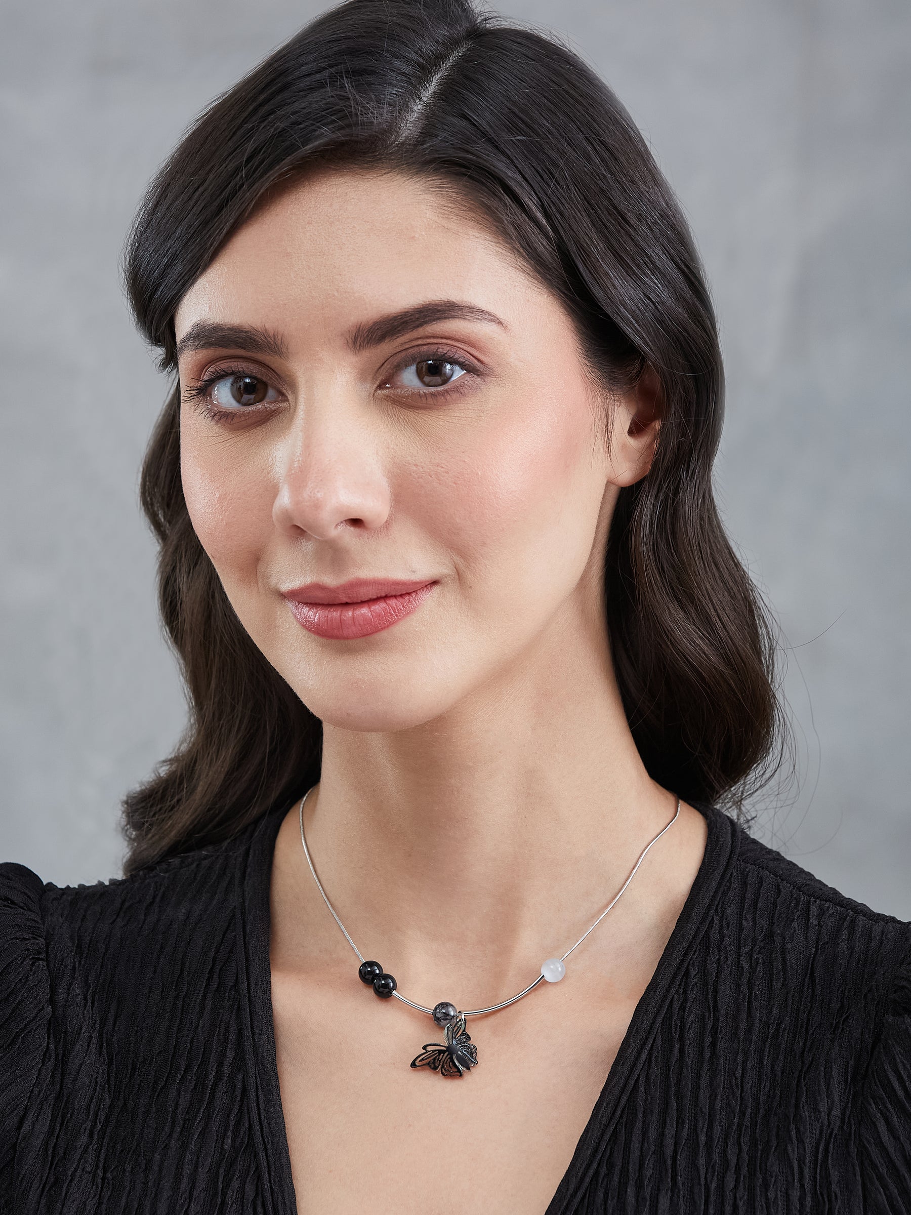 Latin Quarters Women's Layered Silver-Toned Wavy Choker Necklace with Butterfly and Stone Beads