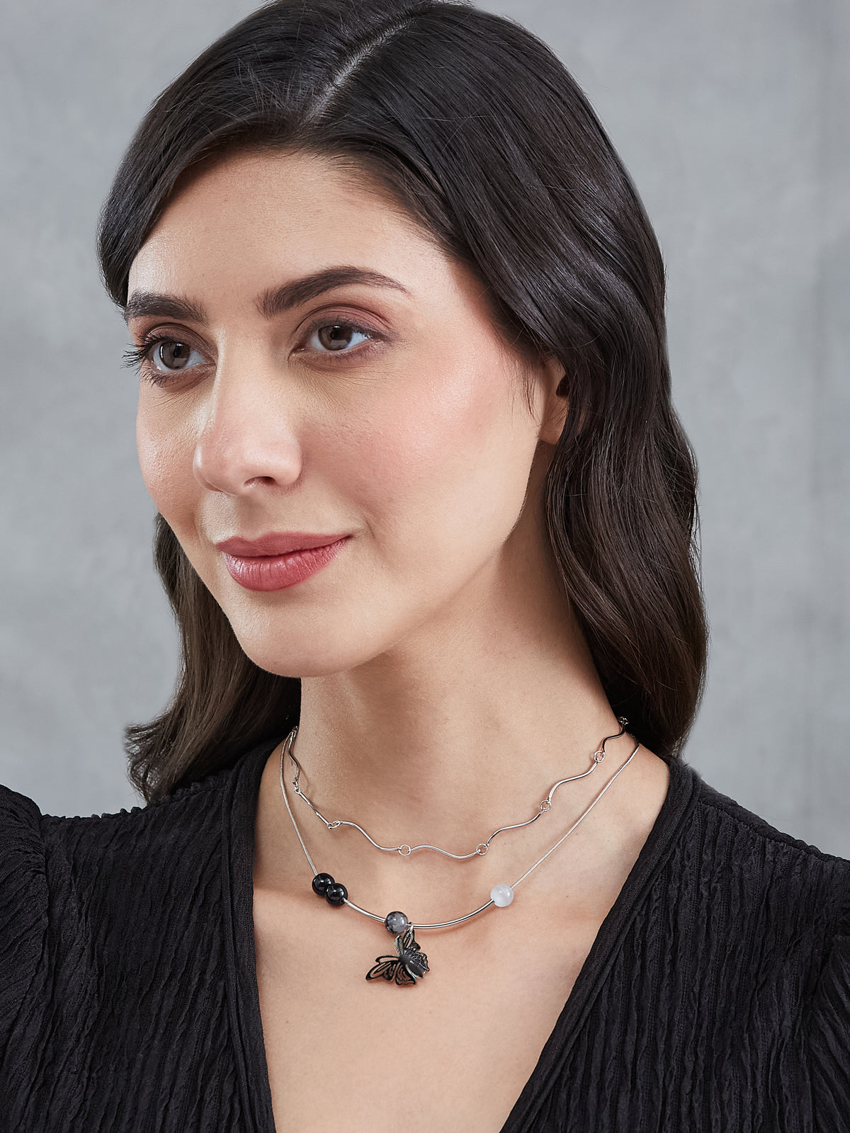 Latin Quarters Women's Layered Silver-Toned Wavy Choker Necklace with Butterfly and Stone Beads