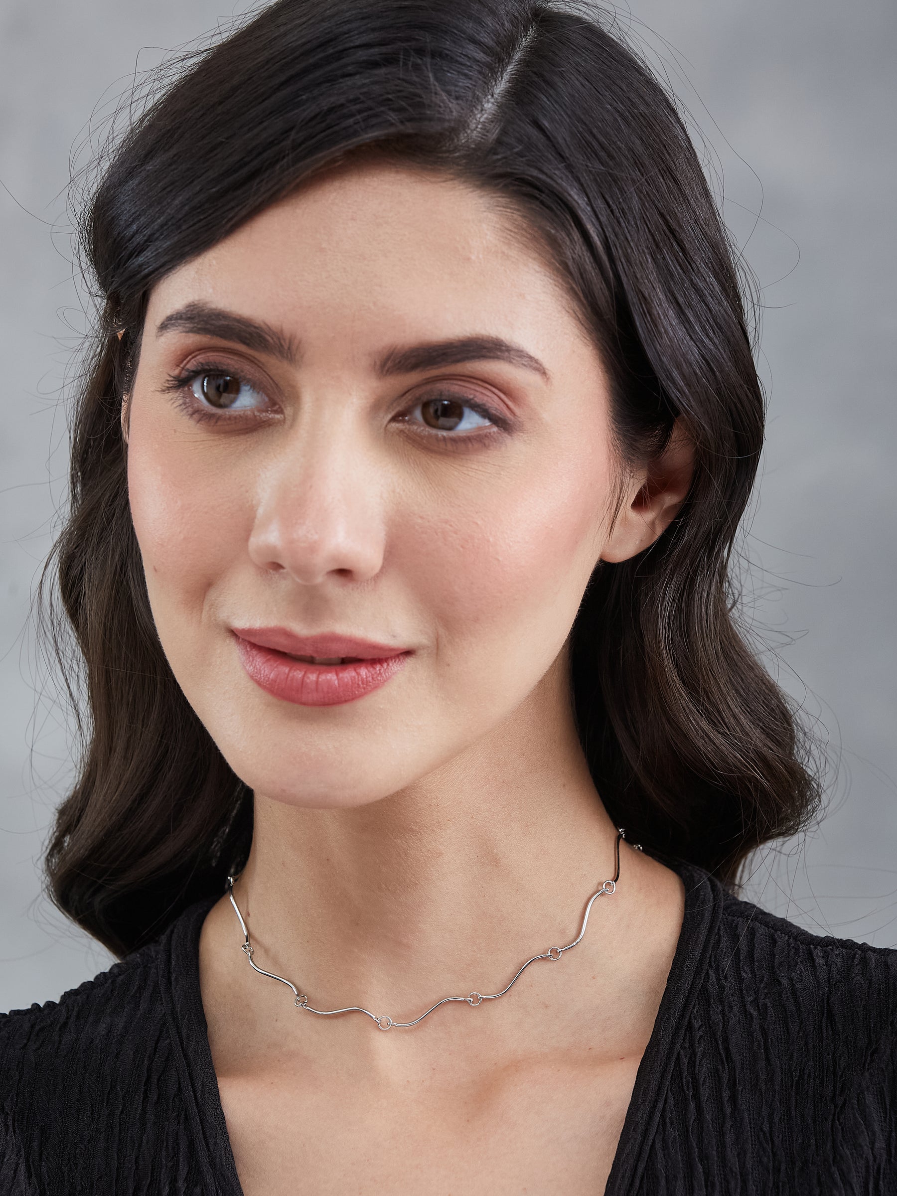 Latin Quarters Women's Layered Silver-Toned Wavy Choker Necklace with Butterfly and Stone Beads