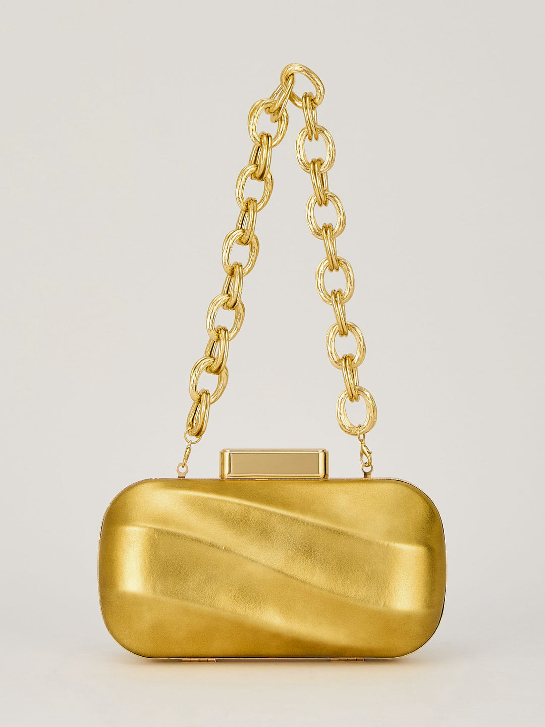 Latin Quarters Women's Metallic Golden Box Clutch with Chunky Chain Strap