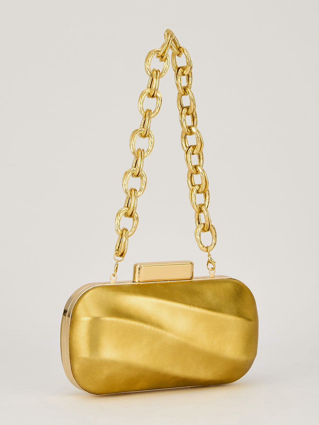 Latin Quarters Women's Metallic Golden Box Clutch with Chunky Chain Strap