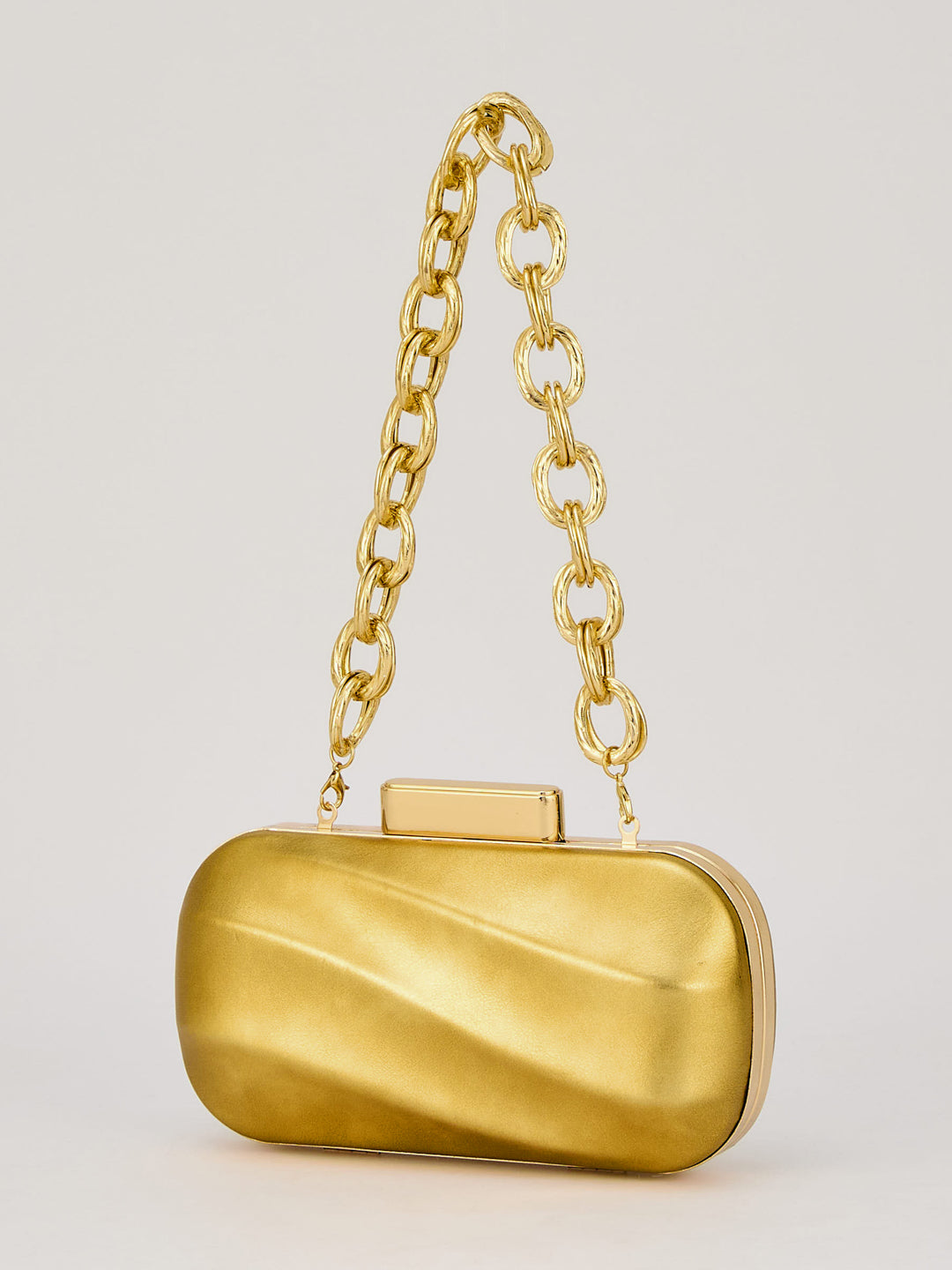 Latin Quarters Women's Metallic Golden Box Clutch with Chunky Chain Strap