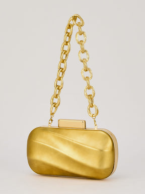 Latin Quarters Women's Metallic Golden Box Clutch with Chunky Chain Strap
