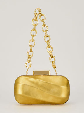 Latin Quarters Women's Metallic Golden Box Clutch with Chunky Chain Strap