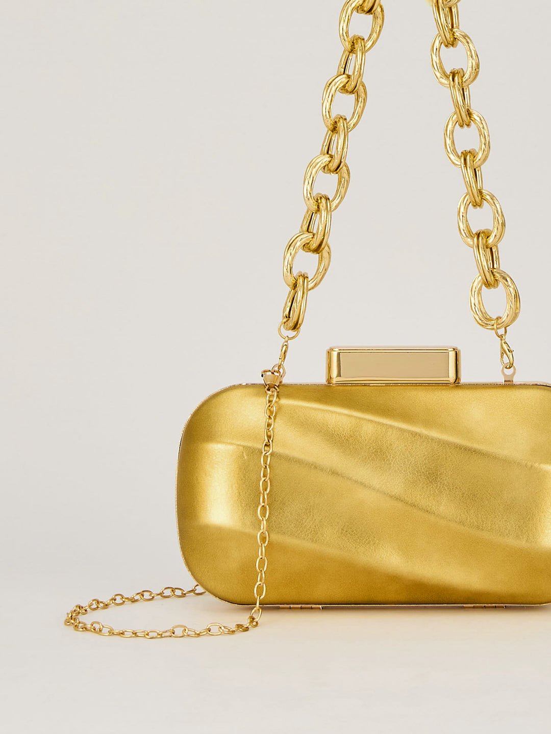 Latin Quarters Women's Metallic Golden Box Clutch with Chunky Chain Strap