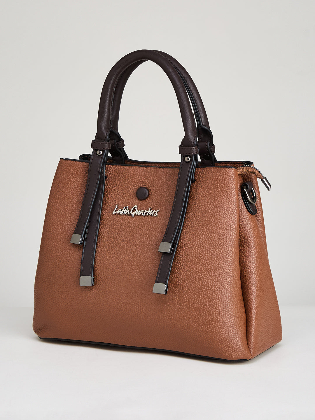 Latin Quarters Women's Brown Satchel Bag with Contrast Handles and Detachable Strap