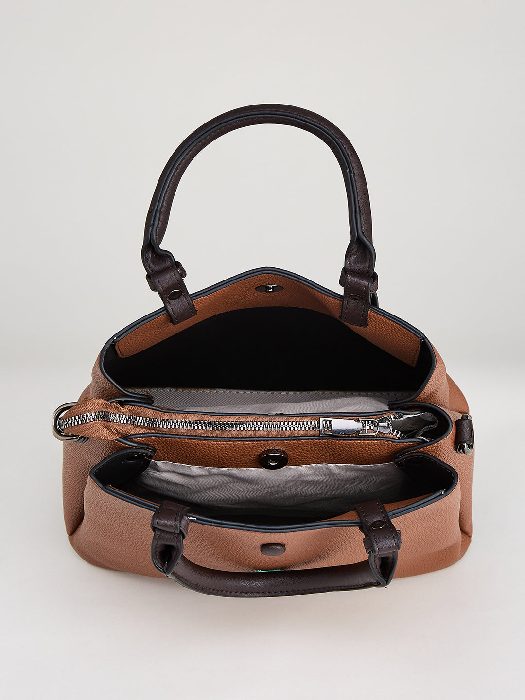 Latin Quarters Women's Brown Satchel Bag with Contrast Handles and Detachable Strap