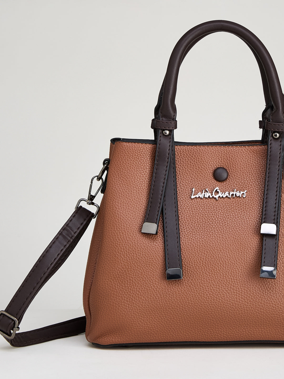 Latin Quarters Women's Brown Satchel Bag with Contrast Handles and Detachable Strap