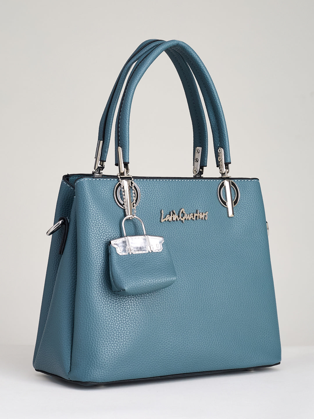 Latin Quarters Women’s Blue Satchel Handbag with Mini Bag Charm