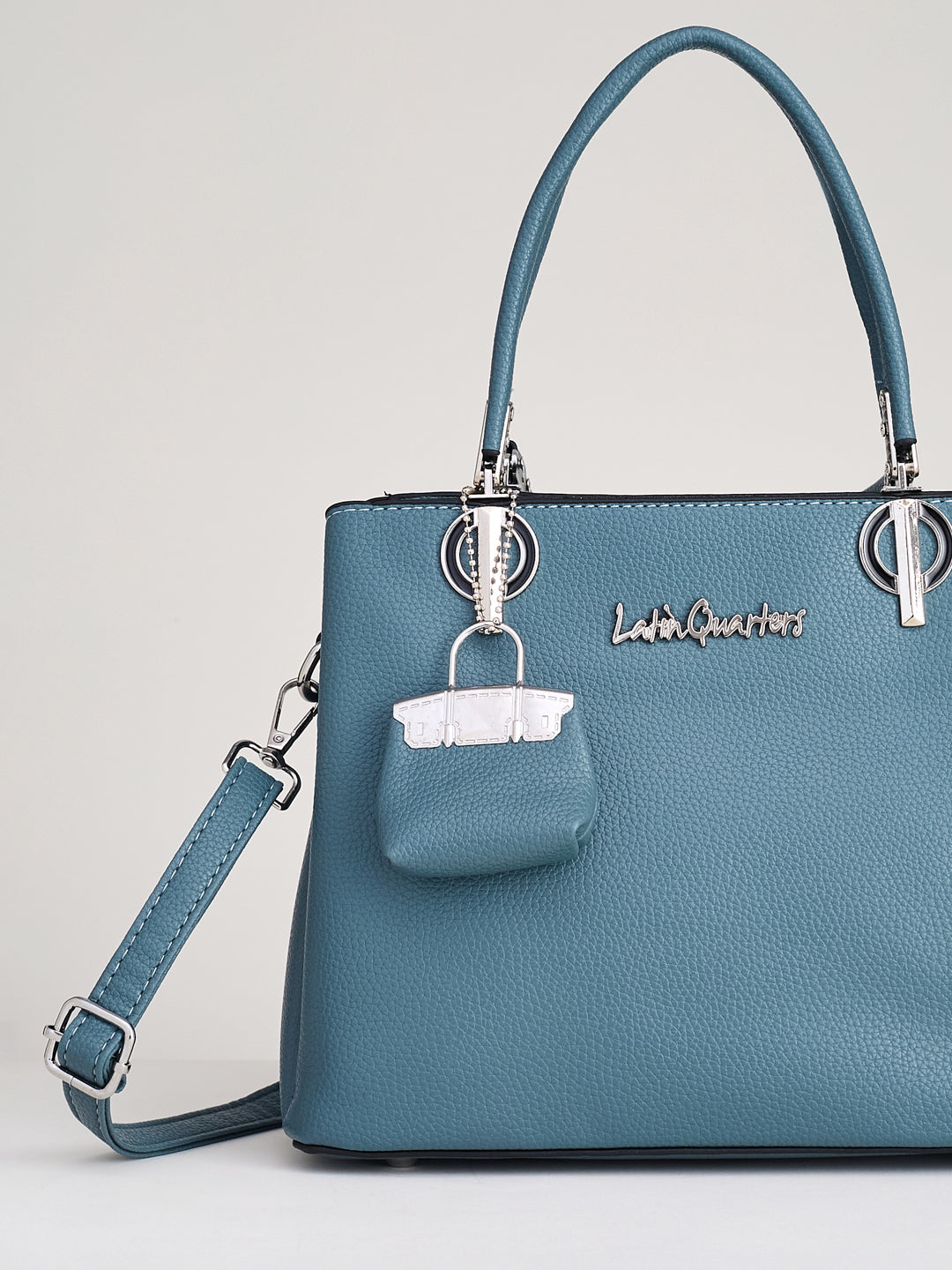 Latin Quarters Women’s Blue Satchel Handbag with Mini Bag Charm