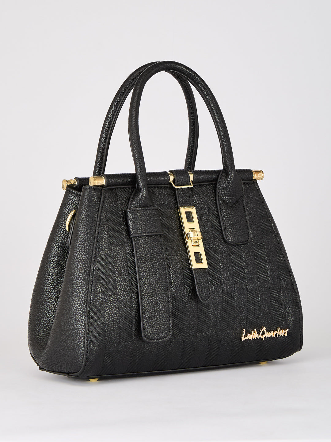 Latin Quarters Women's Black Checkered Structured Bag with Top Handle