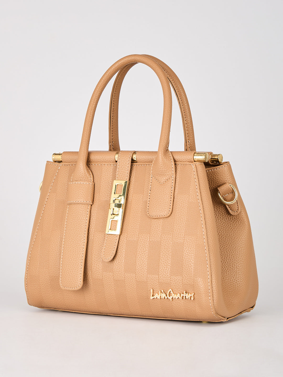 Latin Quarters Women's Beige Checkered Structured Bag with Top Handle