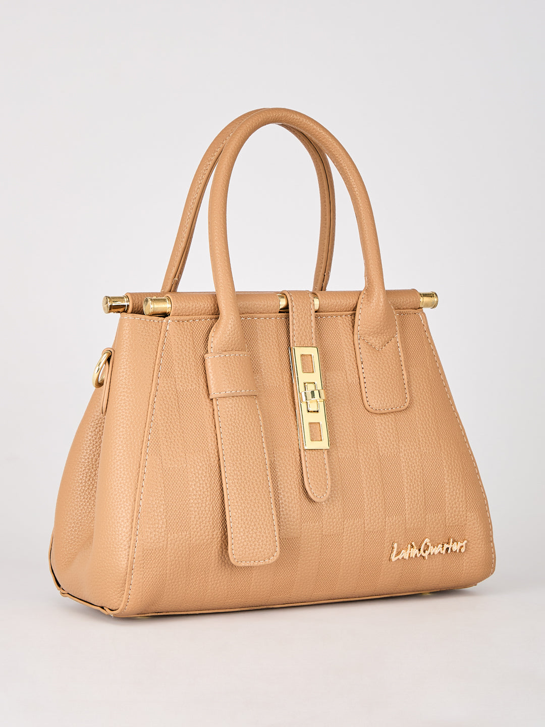 Latin Quarters Women's Beige Checkered Structured Bag with Top Handle