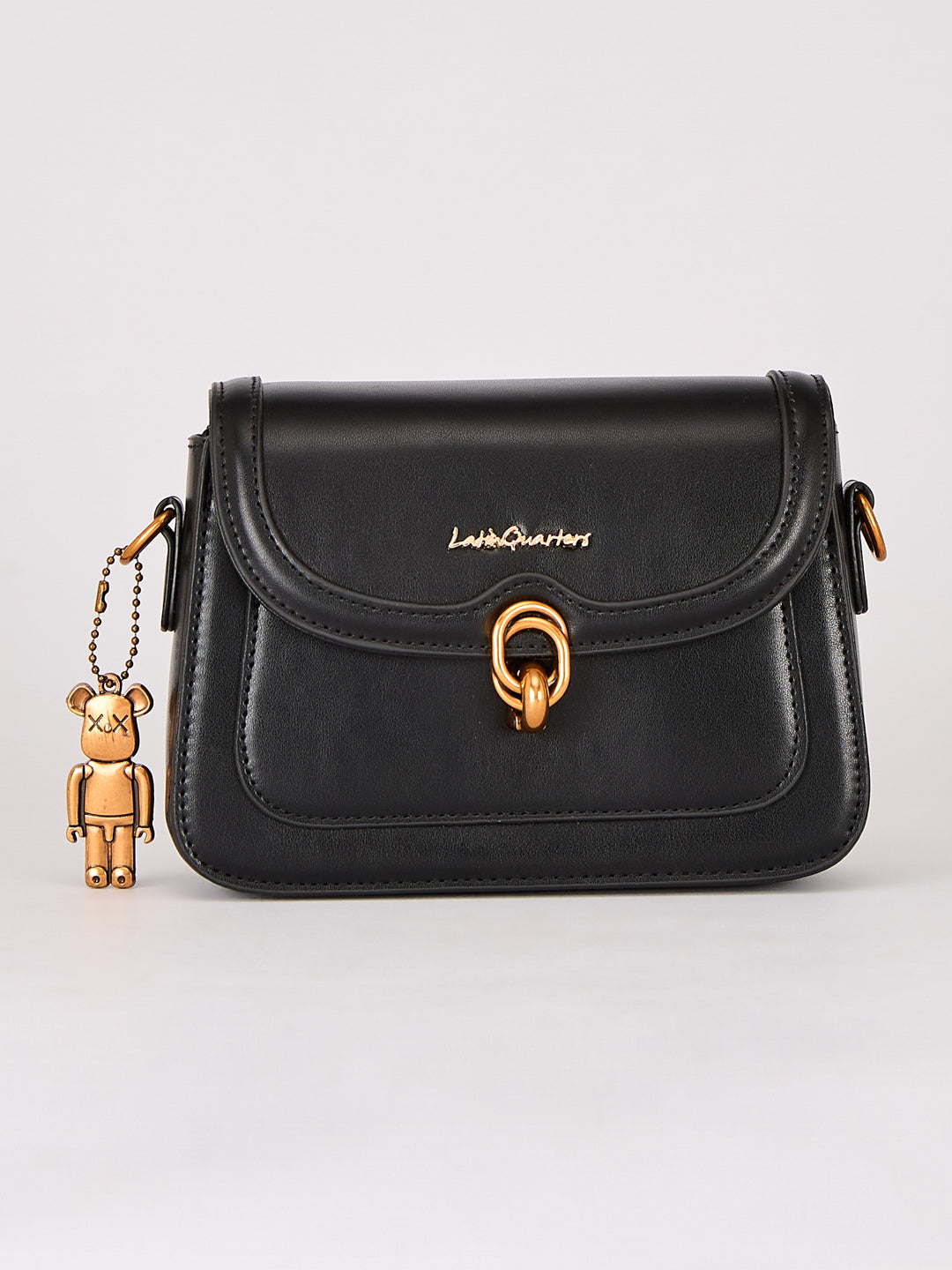 Latin Quarters Women's Solid Black Crossbody Bag with Bear Charm