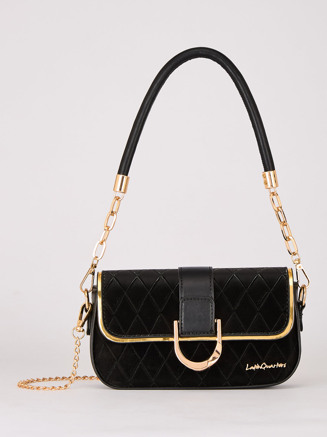 Latin Quarters Women's Black Quilted Shoulder Bag with Gold Chain Strap