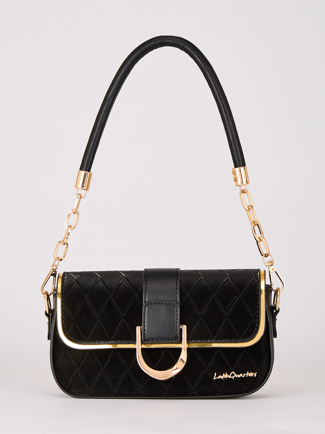 Latin Quarters Women's Black Quilted Shoulder Bag with Gold Chain Strap