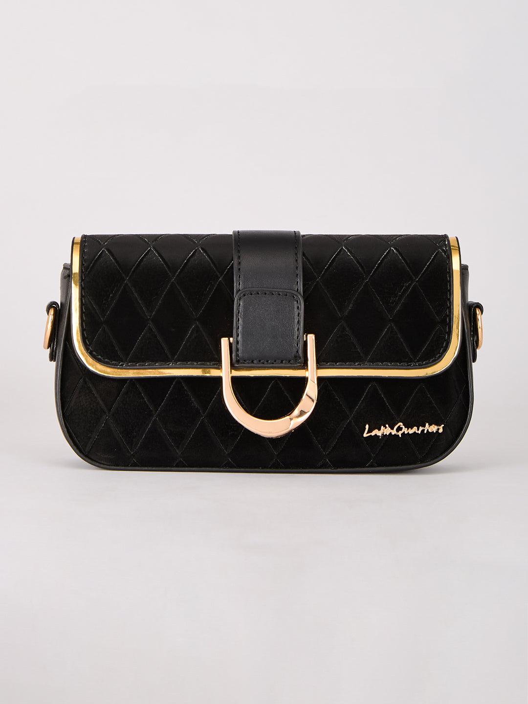 Latin Quarters Women's Black Quilted Shoulder Bag with Gold Chain Strap