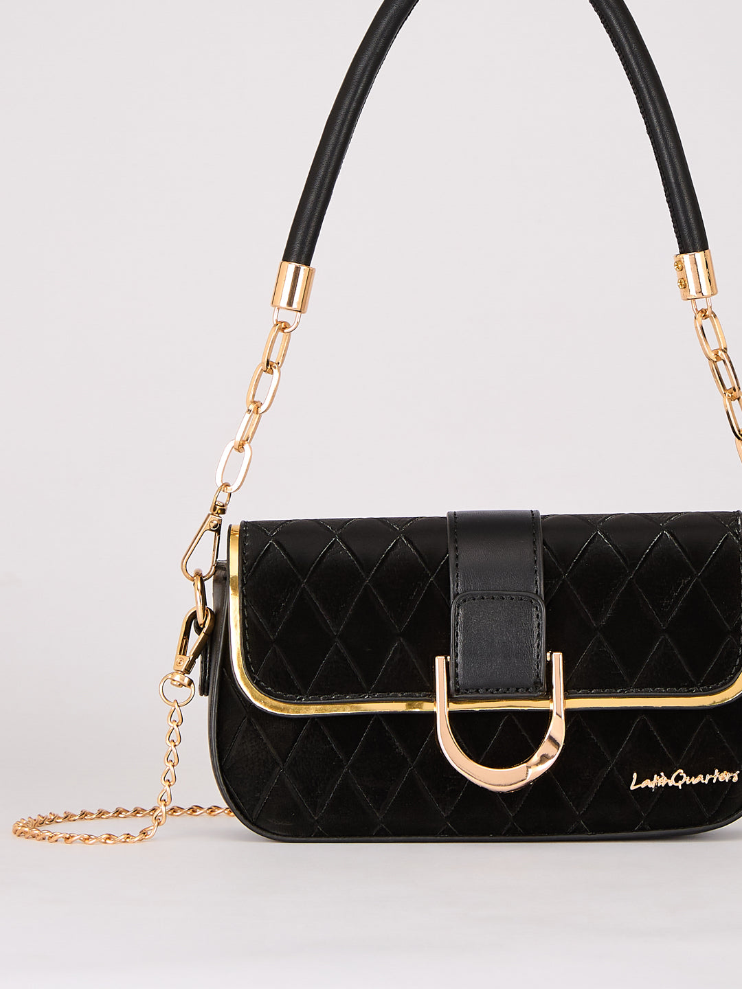 Latin Quarters Women's Black Quilted Shoulder Bag with Gold Chain Strap