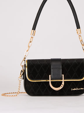 Latin Quarters Women's Black Quilted Shoulder Bag with Gold Chain Strap