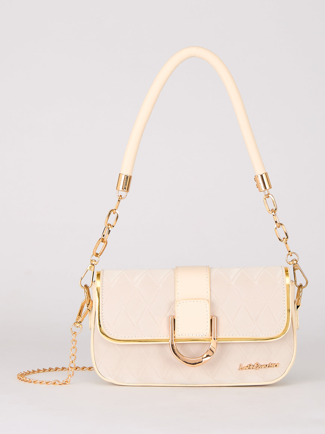 Latin Quarters Women's Beige Quilted Shoulder Bag with Gold Chain Strap