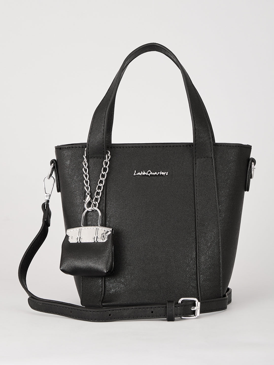 Latin Quarters Women's Black Textured Tote Bag with Detachable Charm