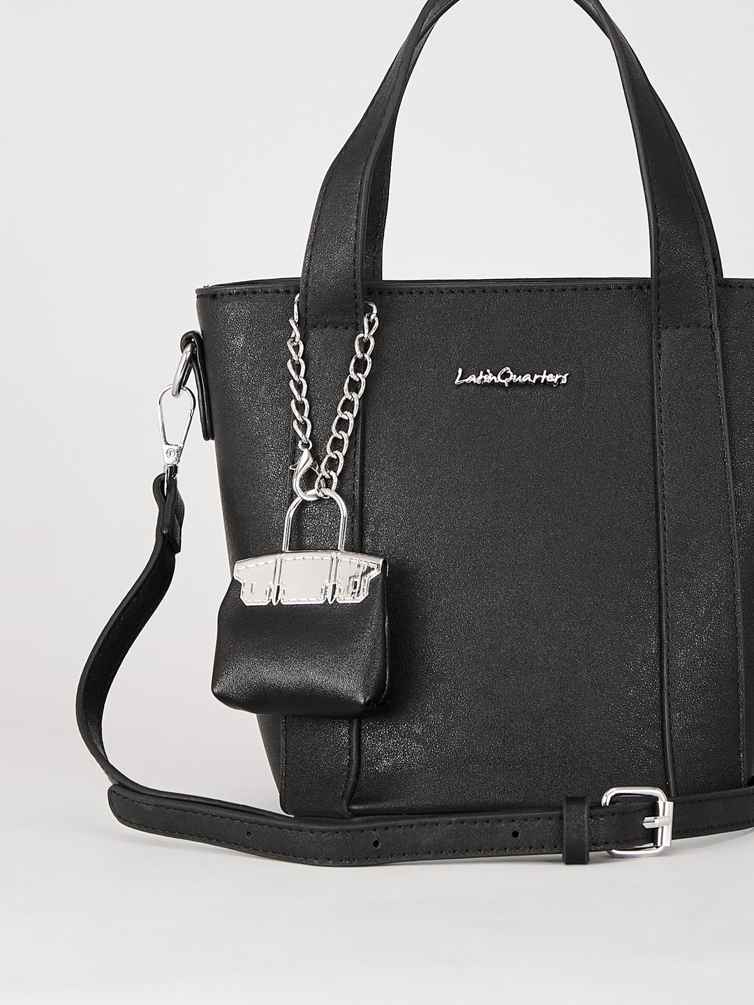 Latin Quarters Women's Black Textured Tote Bag with Detachable Charm